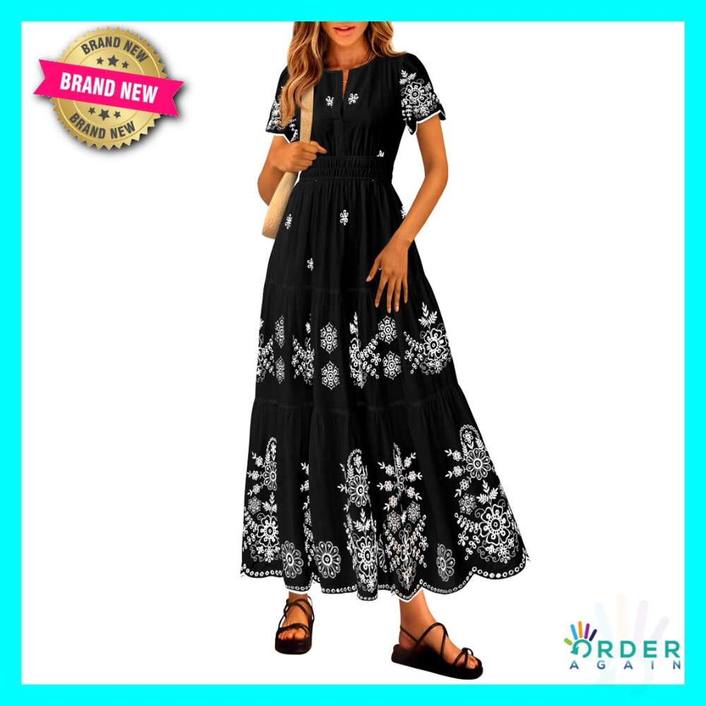 Boho Floral Maxi Dress V Neck Short Sleeve Elastic Waist Pockets Tiered